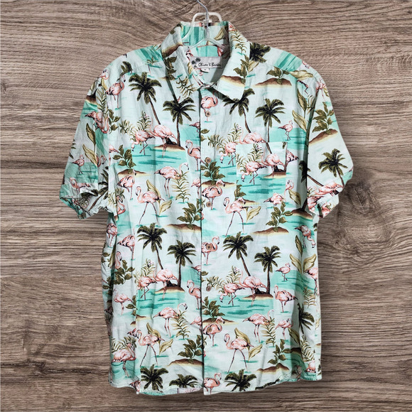 Oliver & Burke Palm tree and flamingo print button front Hawaiian shirt men sz M - Picture 1 of 11